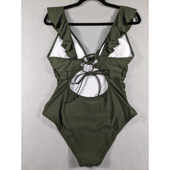 Cupshe Swim Suit Women's Large Dark Sage Green One Piece Ruffle Tie Closure NWT - Picture 2 of 12